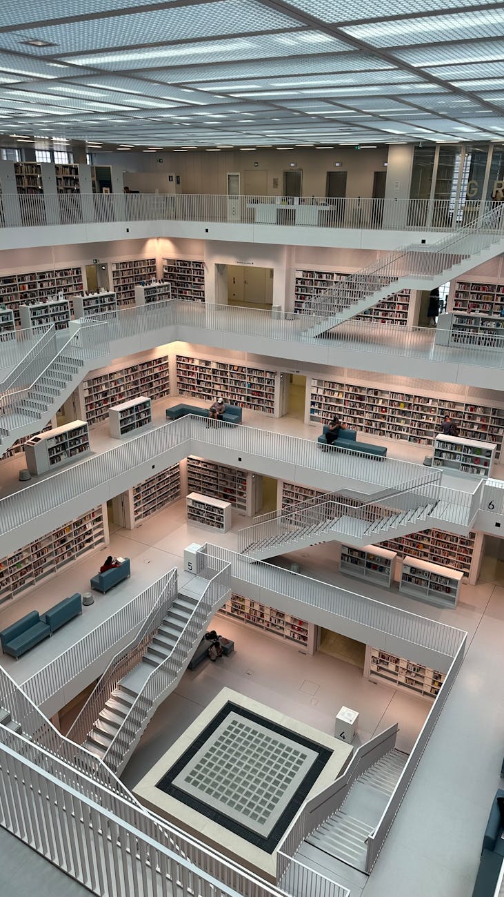 bright modern library interior with bookshelves