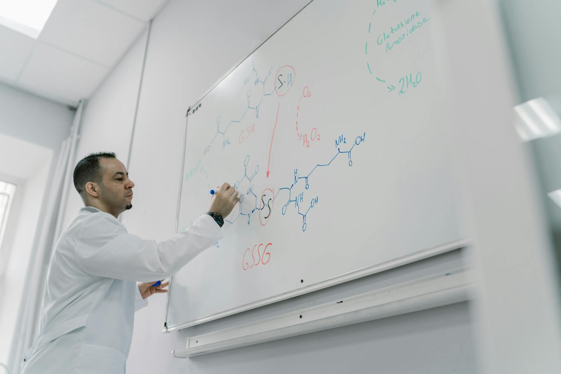 chemistry teacher writing on whiteboard