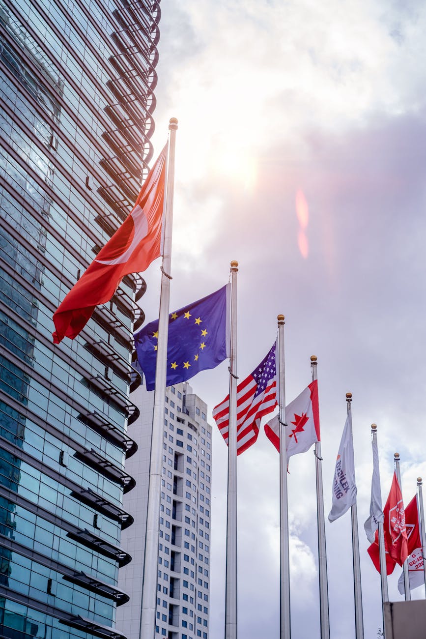 multiple national country flags waving on poles